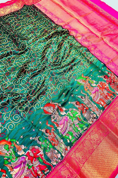 Load image into Gallery viewer, Smashing Dark Green Kalamkari Printed Saree With Supernal Blouse Piece
