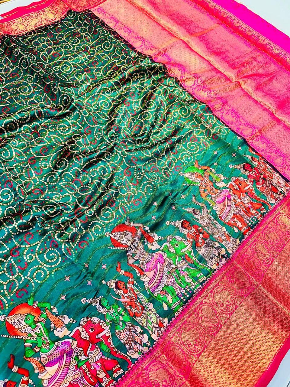 Smashing Dark Green Kalamkari Printed Saree With Supernal Blouse Piece