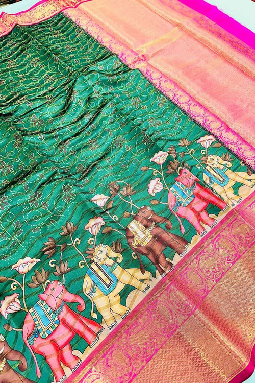 Load image into Gallery viewer, Charismatic Dark Green Kalamkari Printed Saree With Posh Blouse Piece
