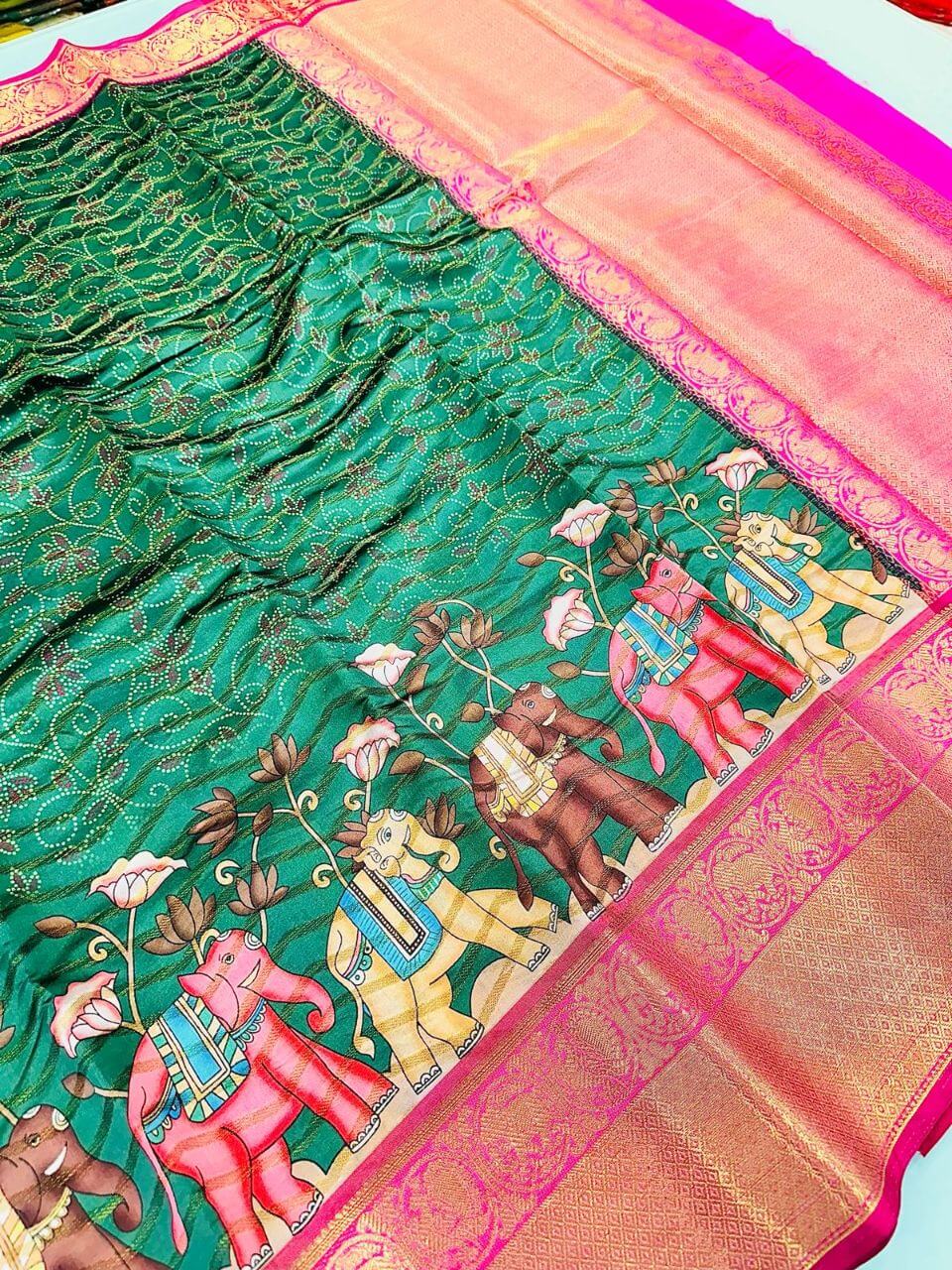 Charismatic Dark Green Kalamkari Printed Saree With Posh Blouse Piece