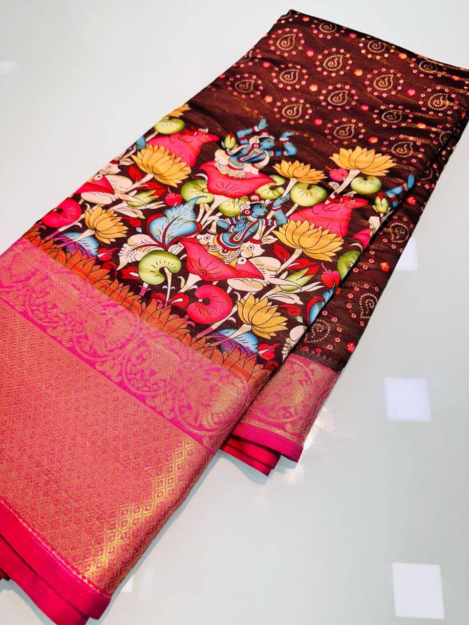 Enigmatic Wine Kalamkari Printed Saree With Imaginative Blouse Piece