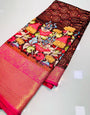 Enigmatic Wine Kalamkari Printed Saree With Imaginative Blouse Piece