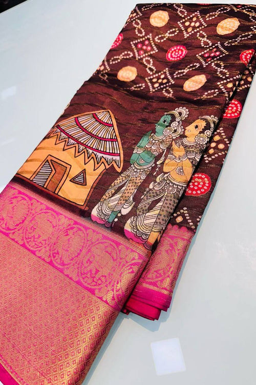 Load image into Gallery viewer, Tantalizing Maroon Kalamkari Printed Saree With Radiant Blouse Piece
