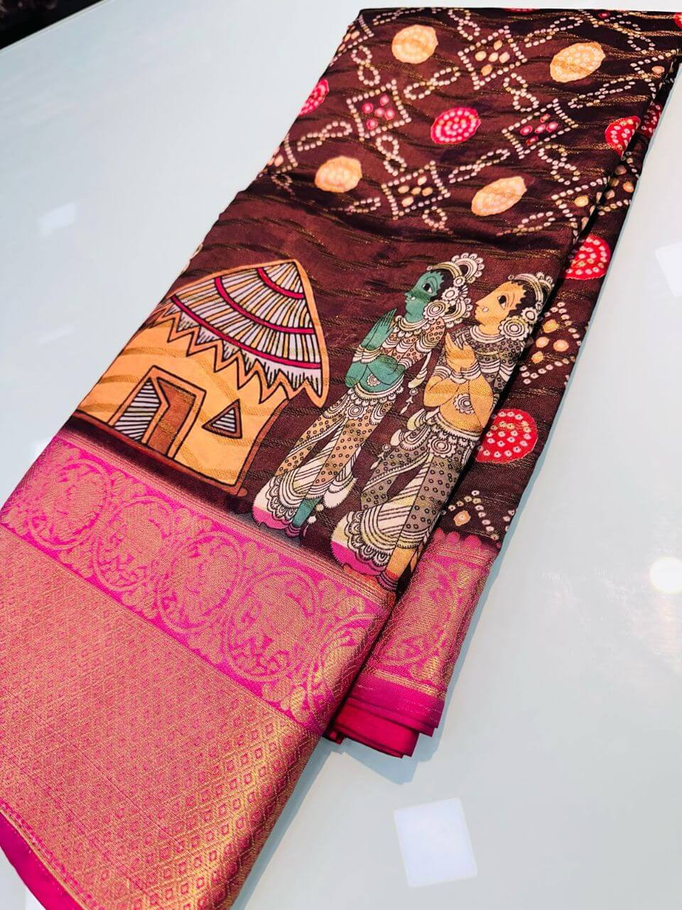 Tantalizing Maroon Kalamkari Printed Saree With Radiant Blouse Piece