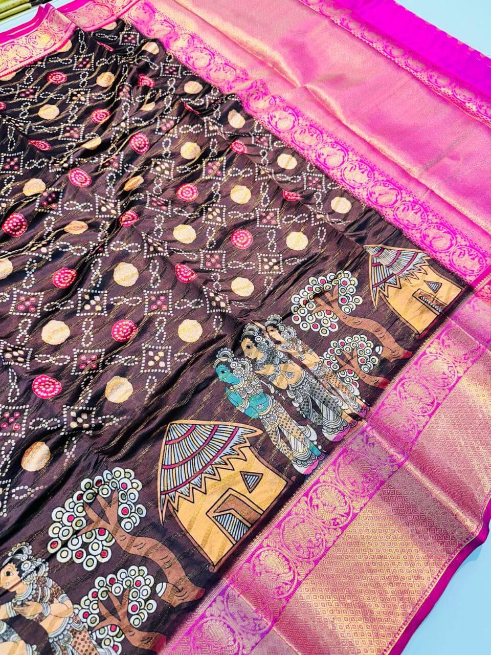 Tantalizing Maroon Kalamkari Printed Saree With Radiant Blouse Piece