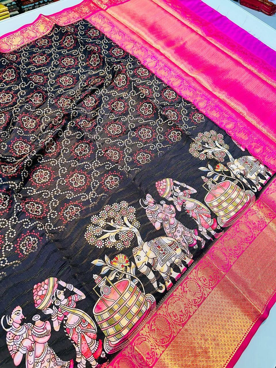 Confounding Brown Kalamkari Printed Saree With Scintilla Blouse Piece
