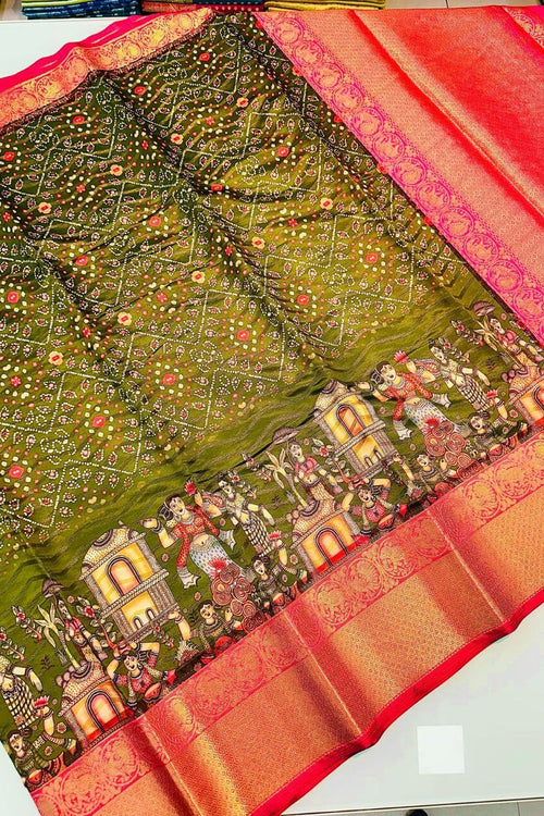 Load image into Gallery viewer, Lissome Mehndi Kalamkari Printed Saree With Desuetude Blouse Piece
