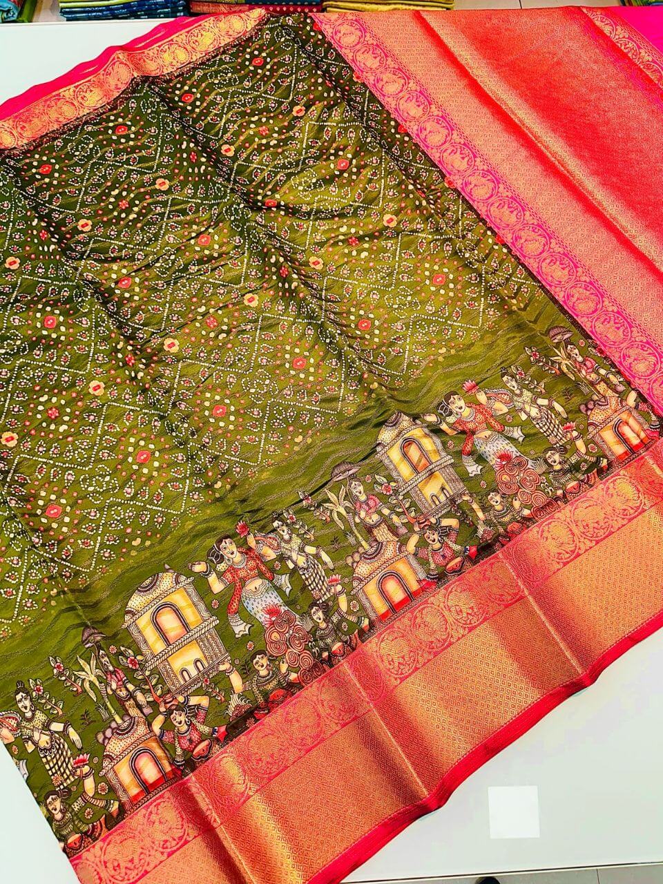 Lissome Mehndi Kalamkari Printed Saree With Desuetude Blouse Piece