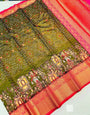 Lissome Mehndi Kalamkari Printed Saree With Desuetude Blouse Piece