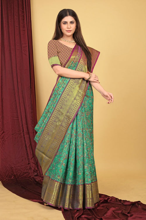 Load image into Gallery viewer, Desuetude Sea Green Kanjivaram Silk With Delectable Blouse Piece
