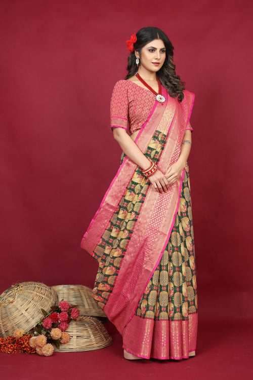 Load image into Gallery viewer, Felicitous Green Soft Silk Saree With Artistic Blouse Piece
