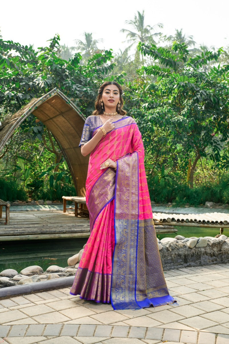 Staring Dark Pink Kanjivaram Silk and Fugacious Blouse Piece