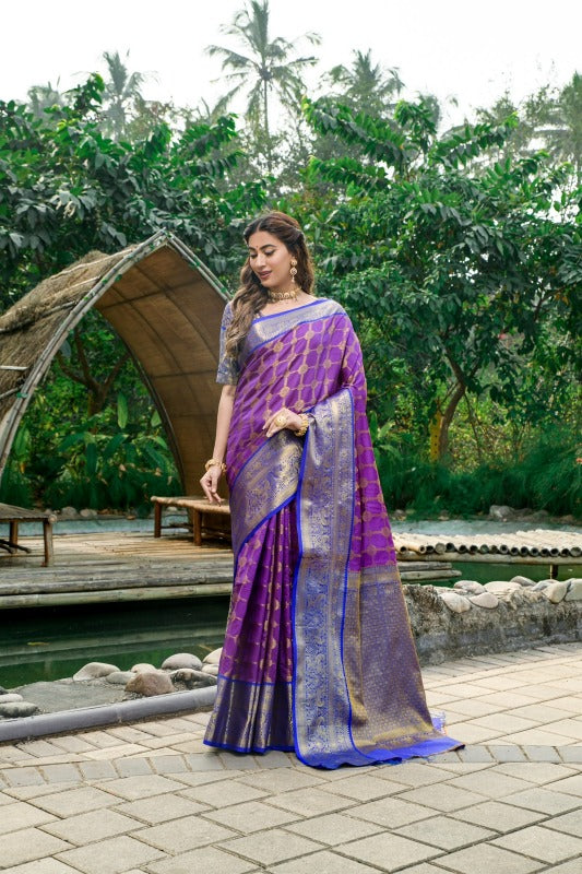 Beautiful Purple Kanjivaram Silk and Fugacious Blouse Piece