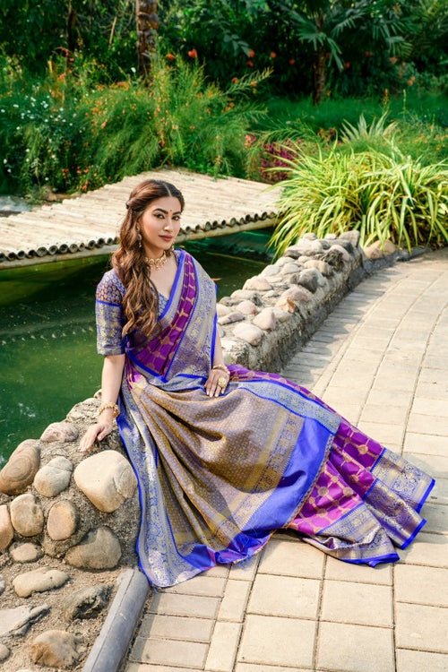 Load image into Gallery viewer, Beautiful Purple Kanjivaram Silk and Fugacious Blouse Piece
