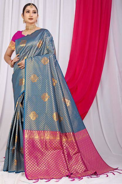 Lovely Firozi Soft Silk Saree With Incredible Blouse Piece