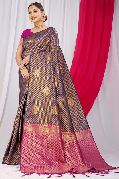 Girlish Navy Blue Soft Silk Saree With Incredible Blouse Piece