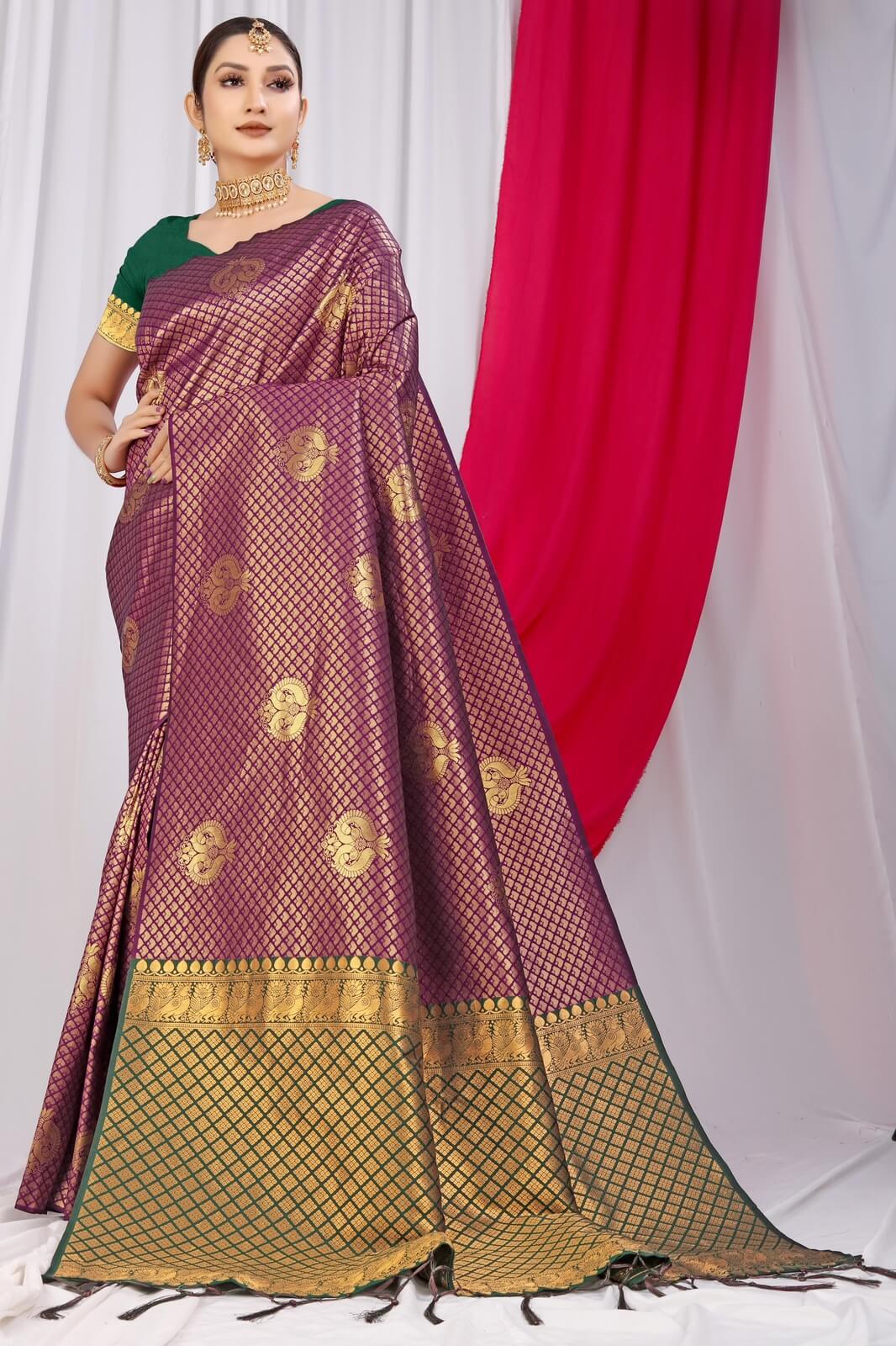 Excellent Wine Soft Silk Saree With Incredible Blouse Piece