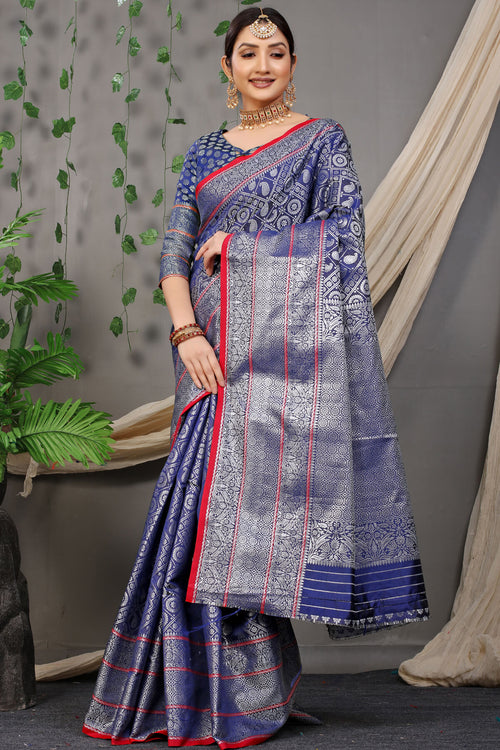 Load image into Gallery viewer, Epiphany Navy Blue Soft Banarasi Silk Saree With Profuse Blouse Piece
