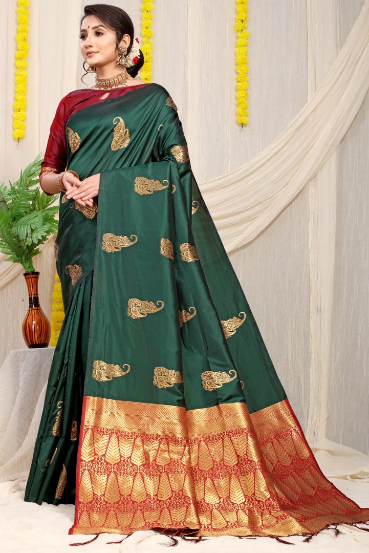 Stunning Dark Green Banarasi Silk With Marvellous Blouse Piece