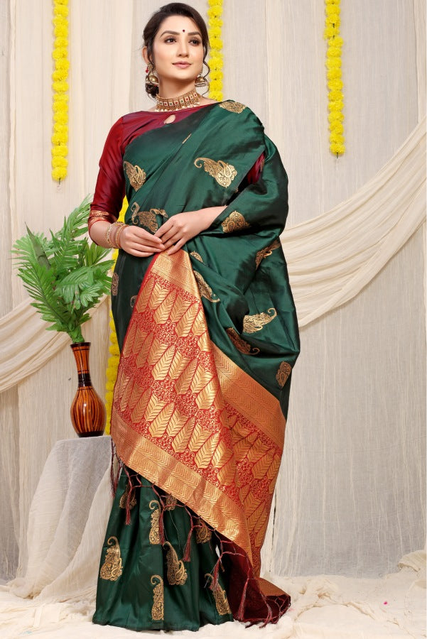 Stunning Dark Green Banarasi Silk With Marvellous Blouse Piece