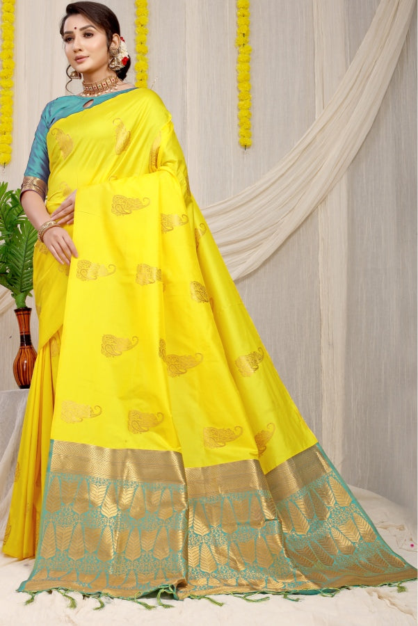 Lovely Lemon Banarasi Silk With Gleaming Blouse Piece