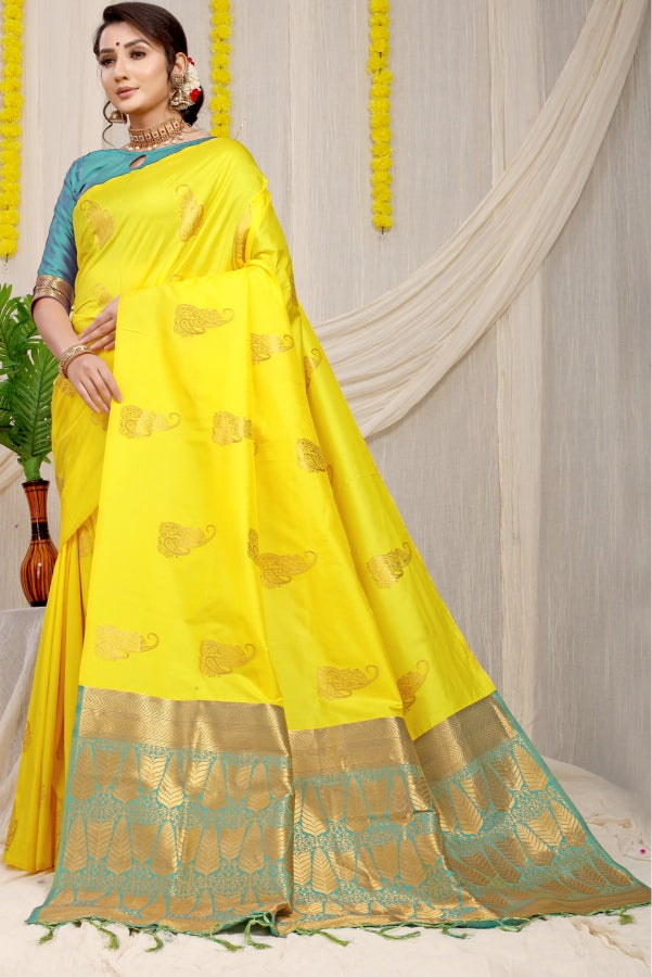 Lovely Lemon Banarasi Silk With Gleaming Blouse Piece