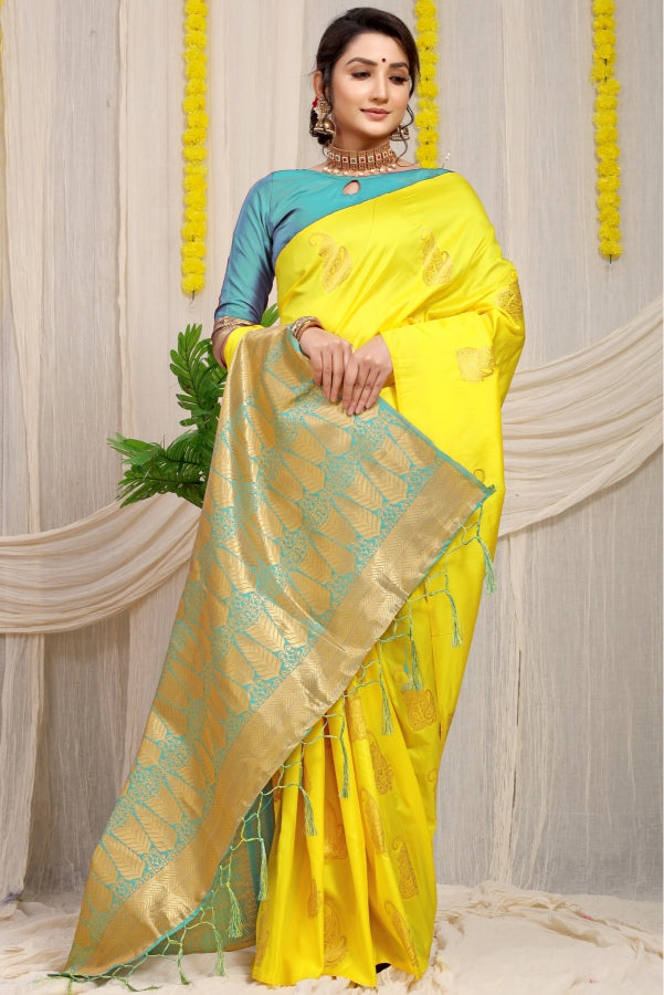 Lovely Lemon Banarasi Silk With Gleaming Blouse Piece