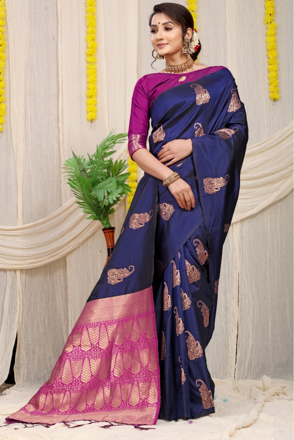 Sensational Navy Blue Banarasi Silk With Sizzling Blouse Piece