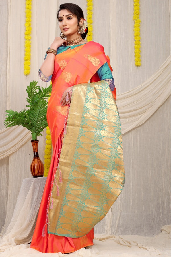 Alluring Peach Banarasi Silk With Wonderful Blouse Piece
