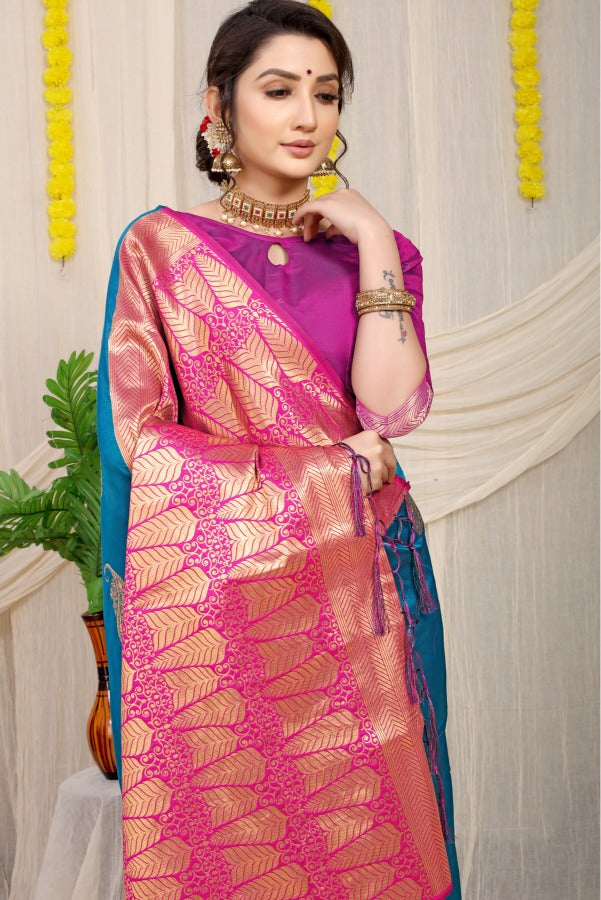 Unique Rama Banarasi Silk With Dazzling Blouse Piece