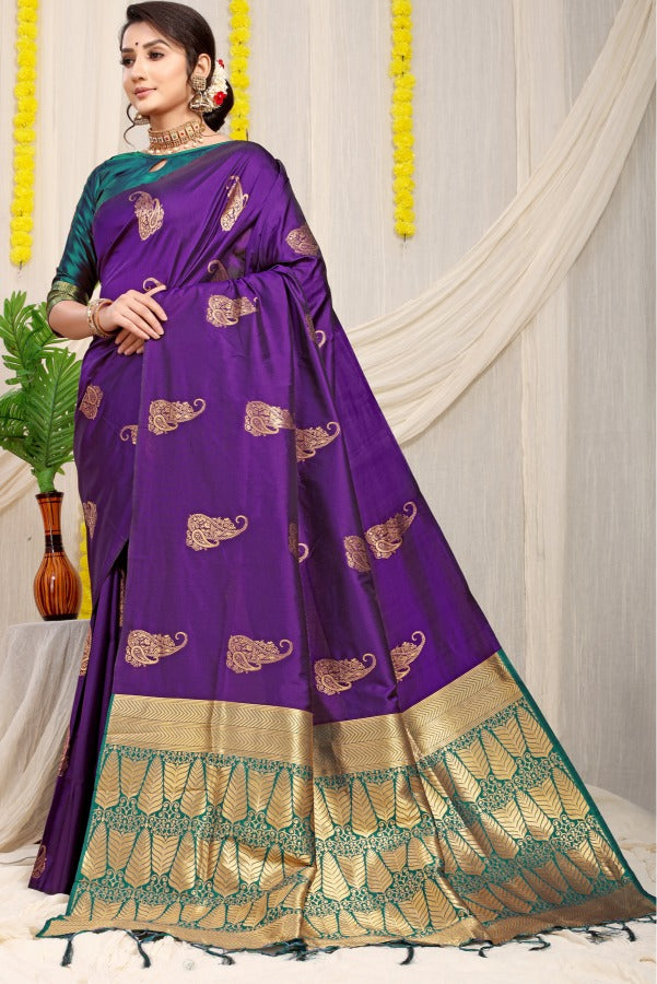 Charming Royal Purple Banarasi Silk With Glowing Blouse Piece