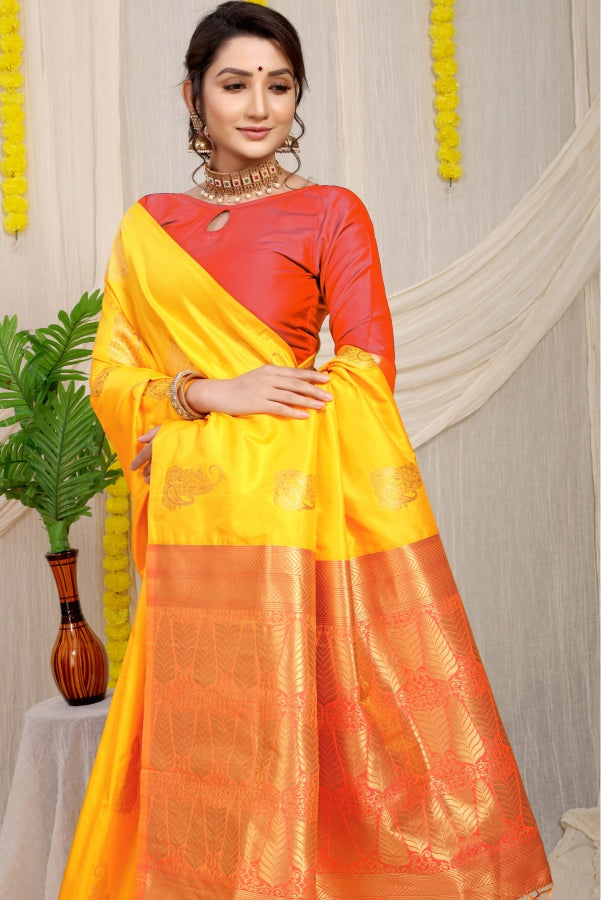 Intricate Yellow Banarasi Silk With Impressive Blouse Piece