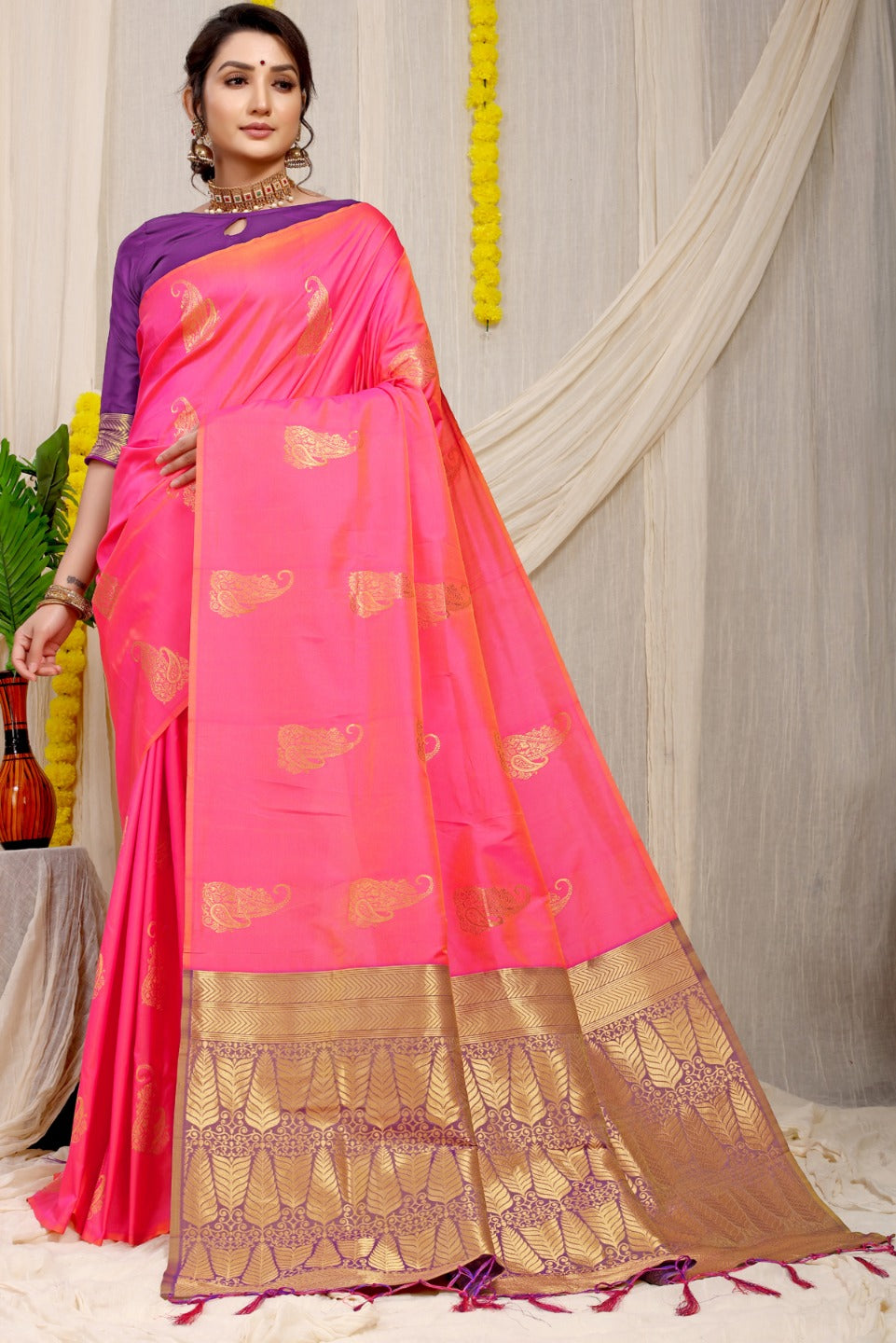 Stylish Pink Banarasi Silk With Skinny Blouse Piece