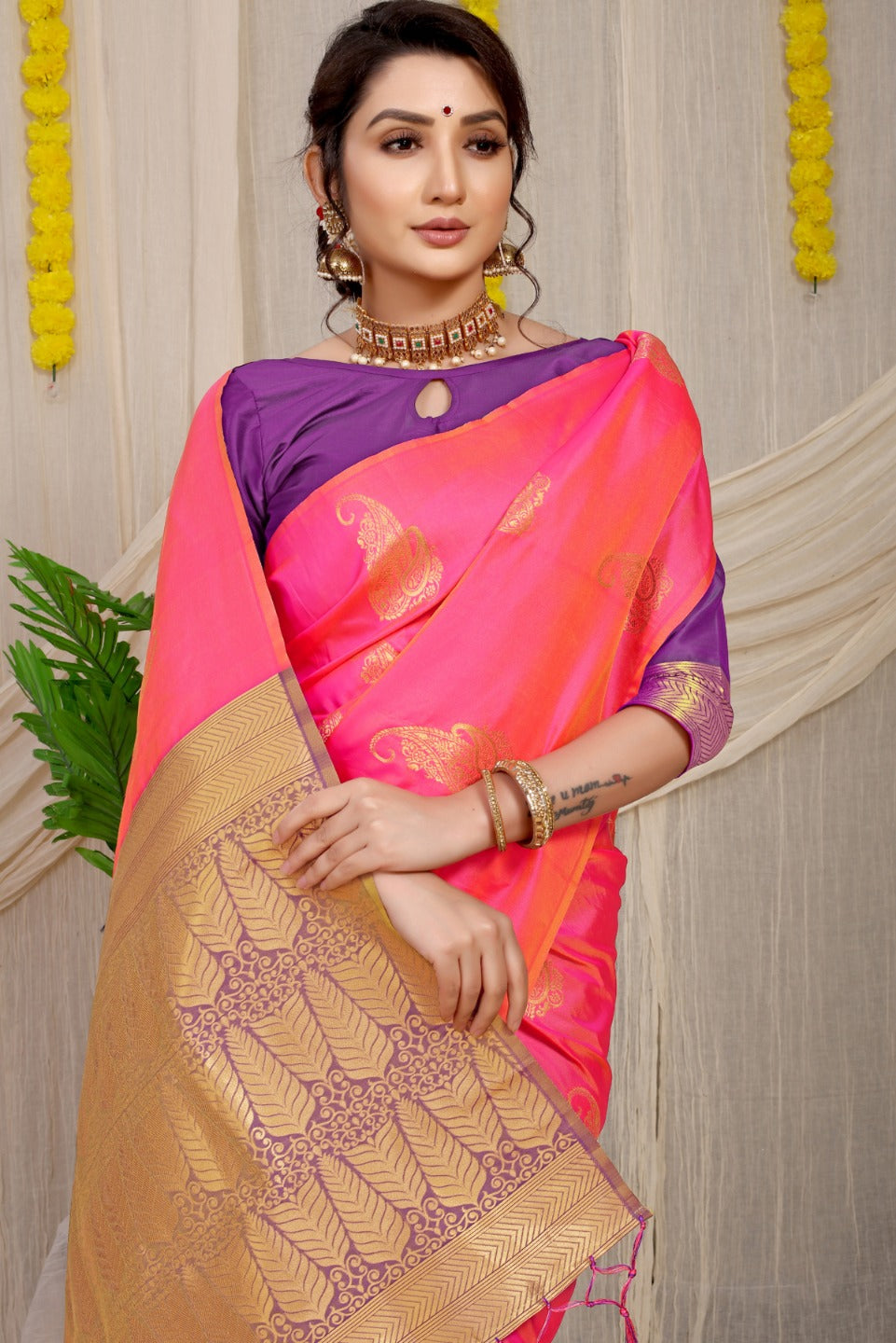 Stylish Pink Banarasi Silk With Skinny Blouse Piece