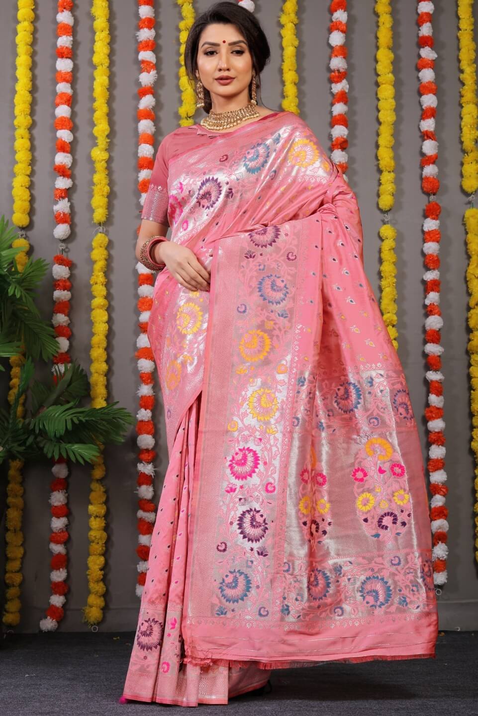 Skinny Baby Pink Banarasi Silk Saree With Scintilla Blouse Piece