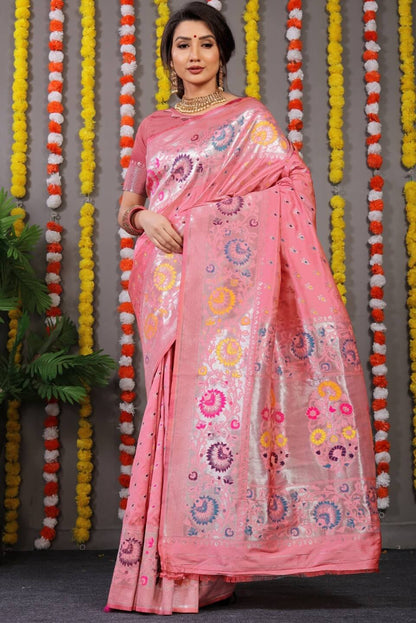 Skinny Baby Pink Banarasi Silk Saree With Scintilla Blouse Piece