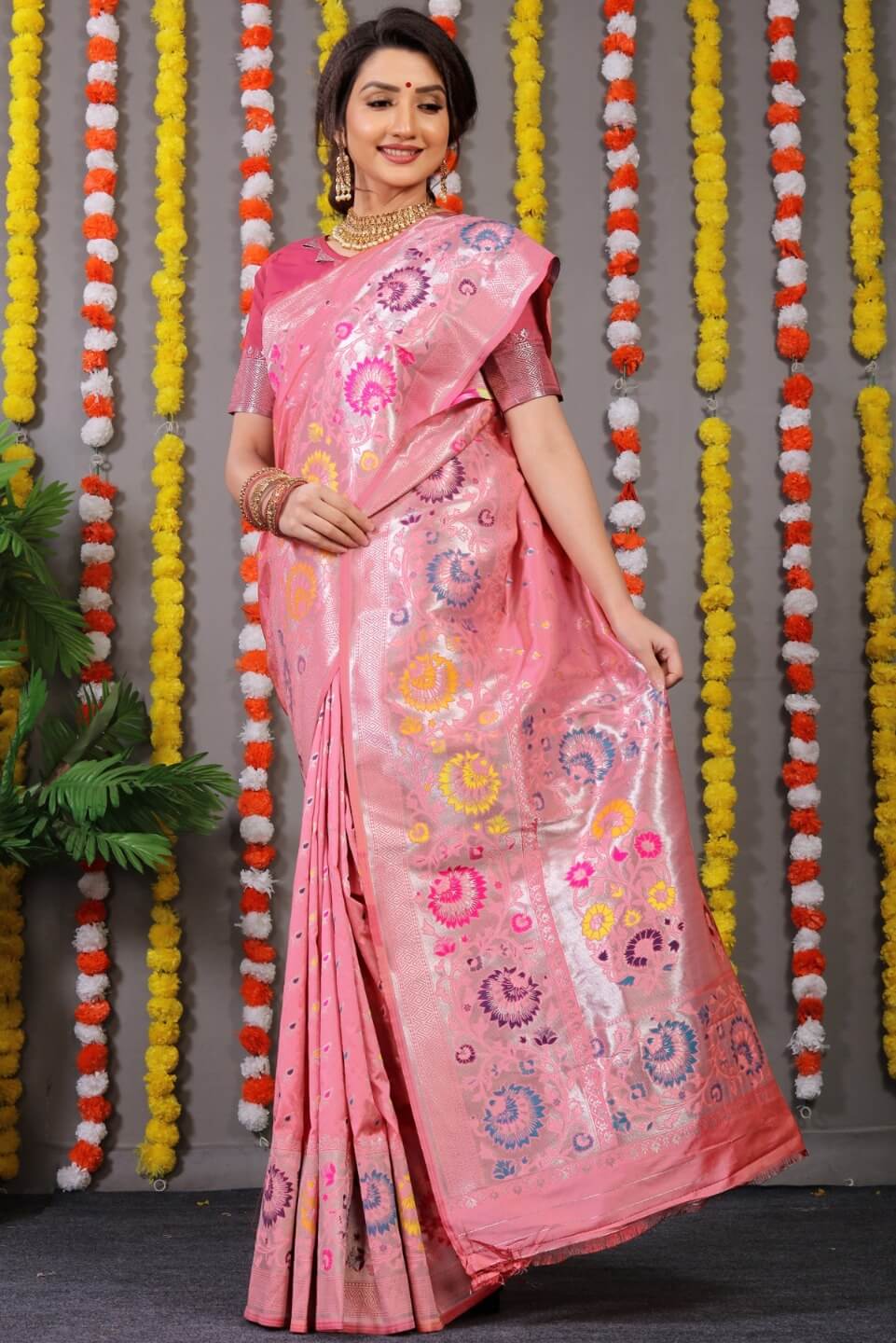Skinny Baby Pink Banarasi Silk Saree With Scintilla Blouse Piece