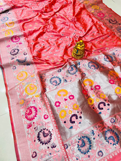 Skinny Baby Pink Banarasi Silk Saree With Scintilla Blouse Piece
