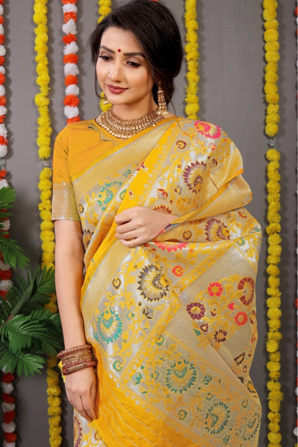 Phenomenal Yellow Banarasi Silk Saree With Scintilla Blouse Piece