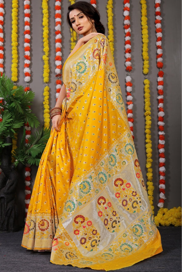 Phenomenal Yellow Banarasi Silk Saree With Scintilla Blouse Piece