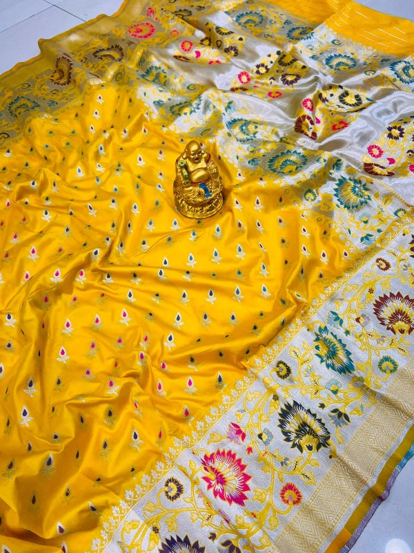 Phenomenal Yellow Banarasi Silk Saree With Scintilla Blouse Piece