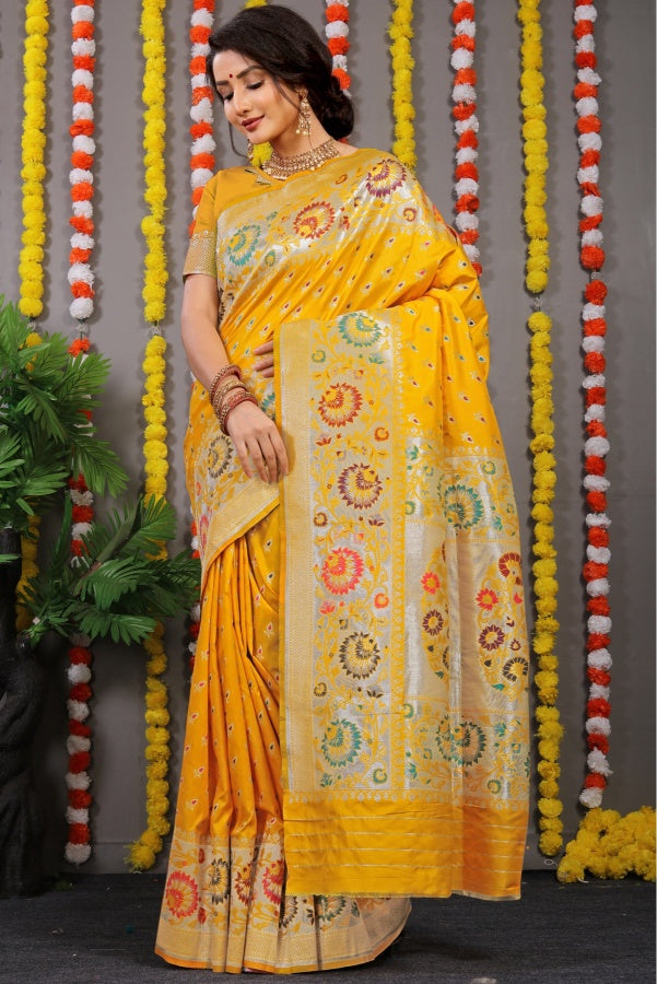 Phenomenal Yellow Banarasi Silk Saree With Scintilla Blouse Piece