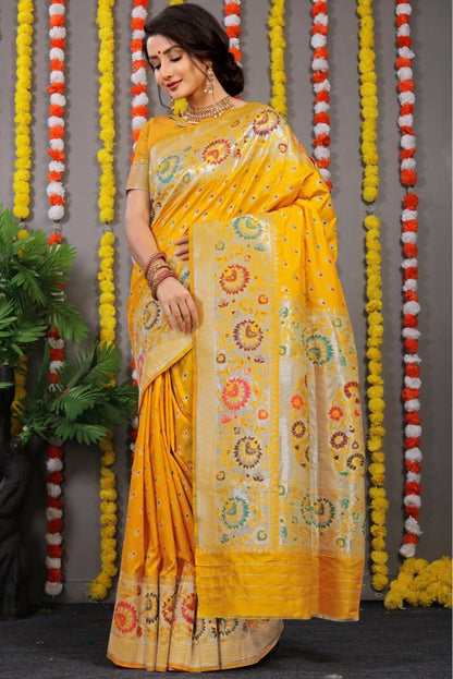 Phenomenal Yellow Banarasi Silk Saree With Scintilla Blouse Piece