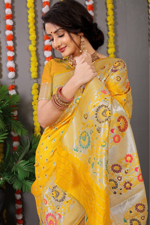 Phenomenal Yellow Banarasi Silk Saree With Scintilla Blouse Piece