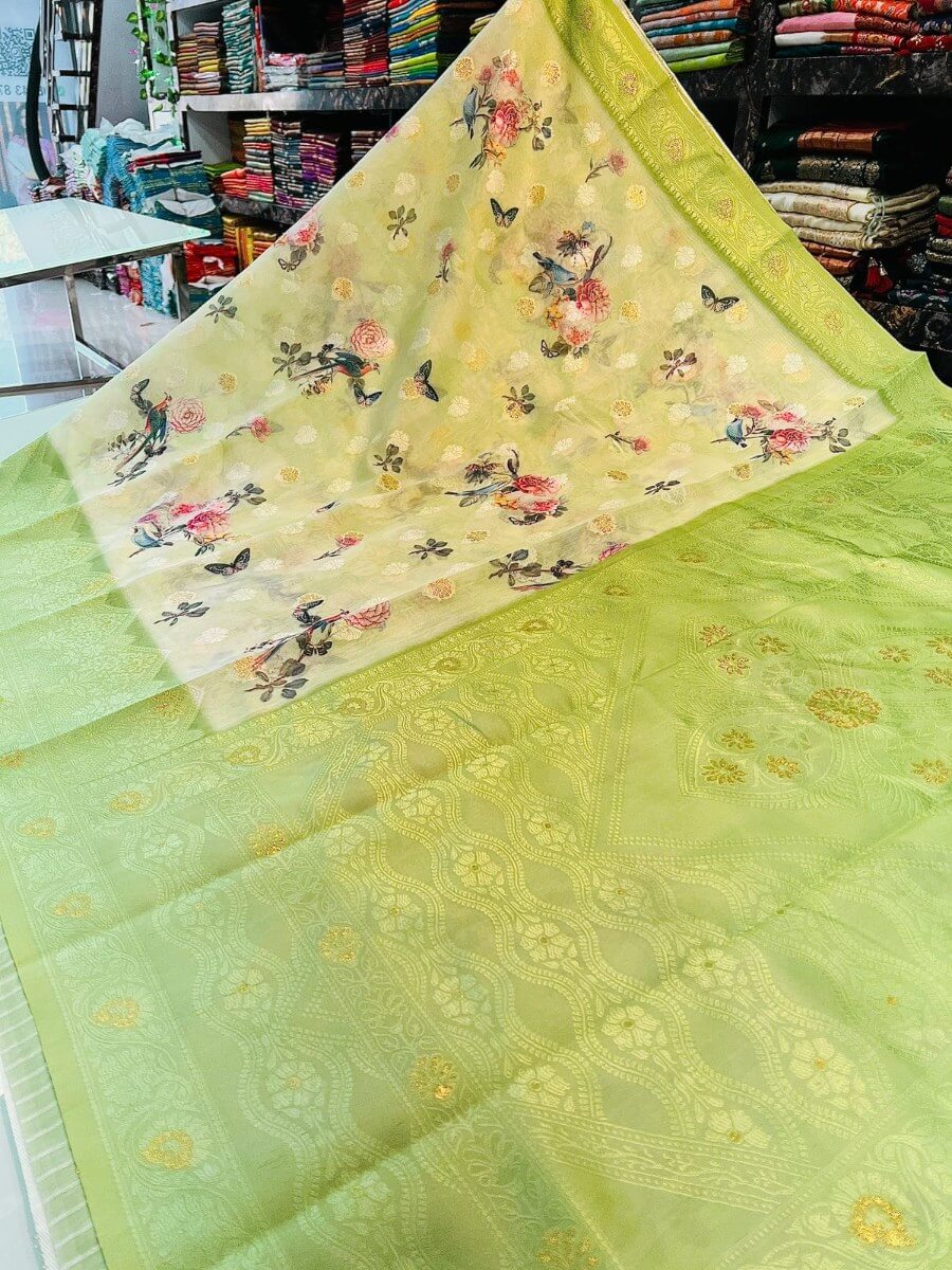 Ravishing Pista Cotton Silk Saree With Pleasant Blouse Piece