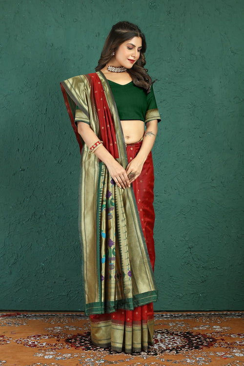 Load image into Gallery viewer, Gorgeous Maroon Paithani Silk Saree With Alluring Blouse Piece
