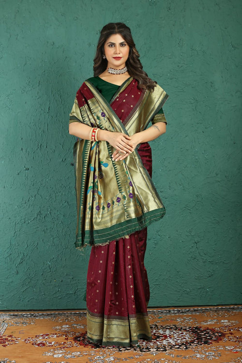 Load image into Gallery viewer, Engrossing Wine Paithani Silk Saree With Jazzy Blouse Piece
