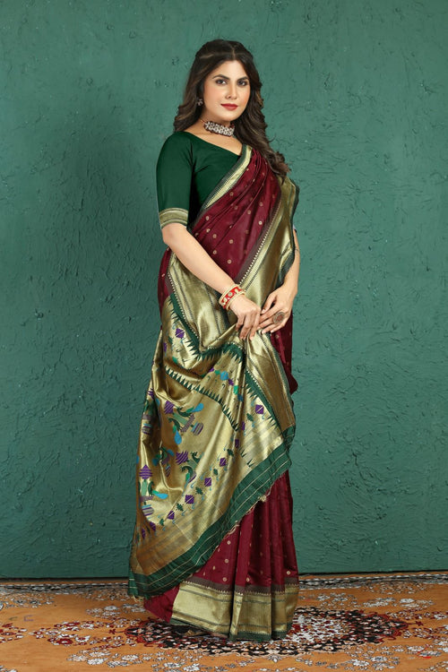 Load image into Gallery viewer, Engrossing Wine Paithani Silk Saree With Jazzy Blouse Piece
