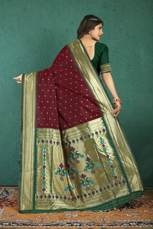 Load image into Gallery viewer, Engrossing Wine Paithani Silk Saree With Jazzy Blouse Piece
