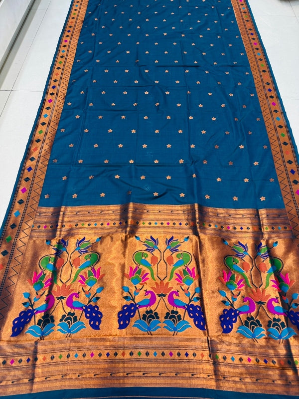 Beleaguer Blue Paithani Silk Saree With Ethnic Blouse Piece